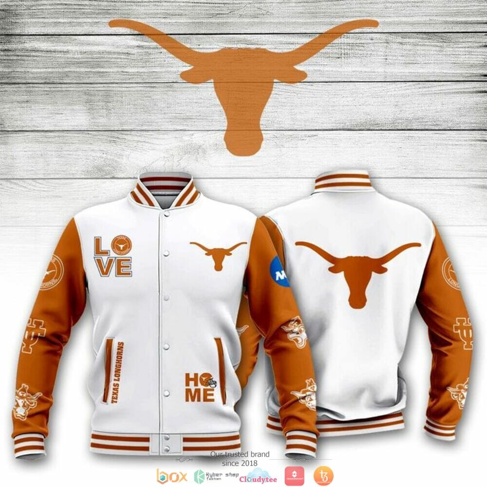 ncaa texas longhorns white orange baseball jacket button up zipper hooded all over print sdlu9