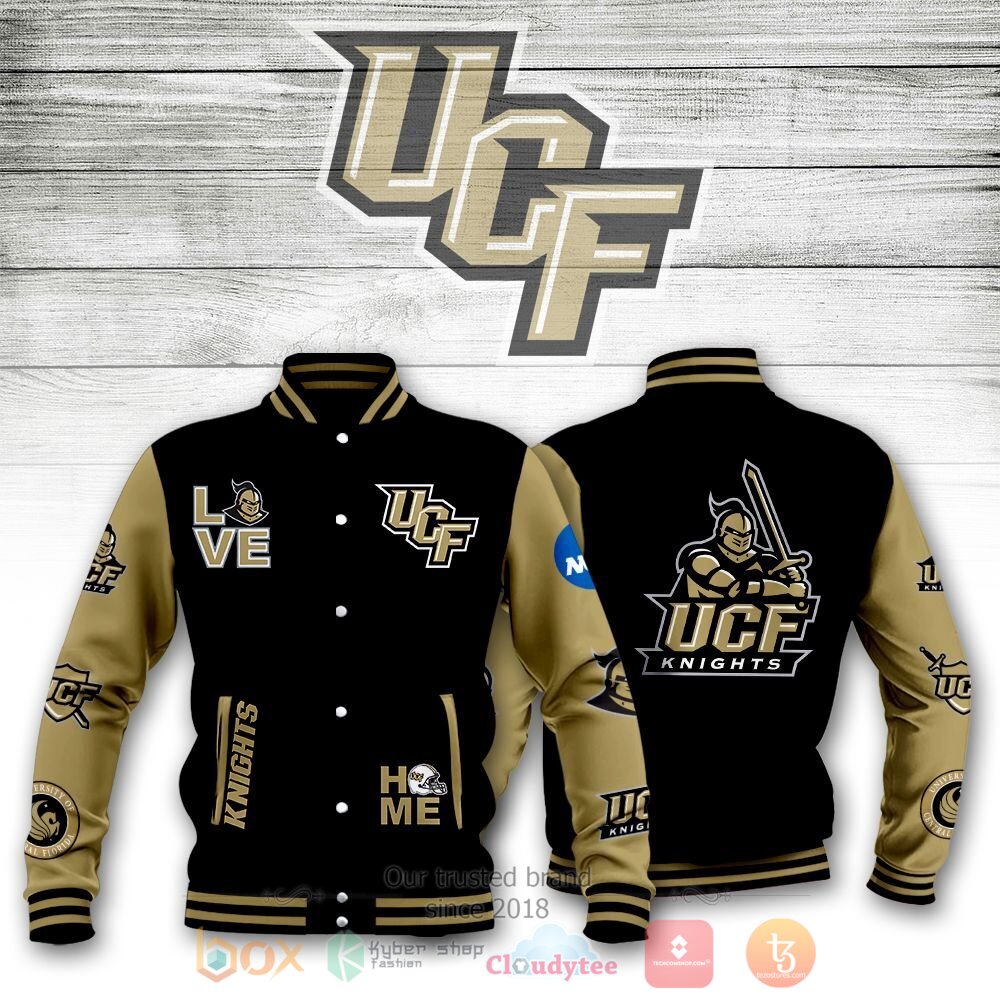 ncaa ucf knights black gold baseball jacket button up zipper hooded all over print tyued