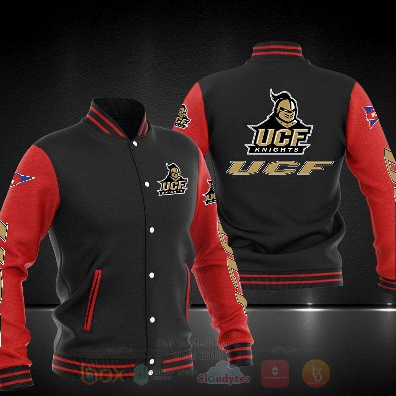 ncaa ucf knights black red baseball jacket button up zipper hooded all over print lexjt