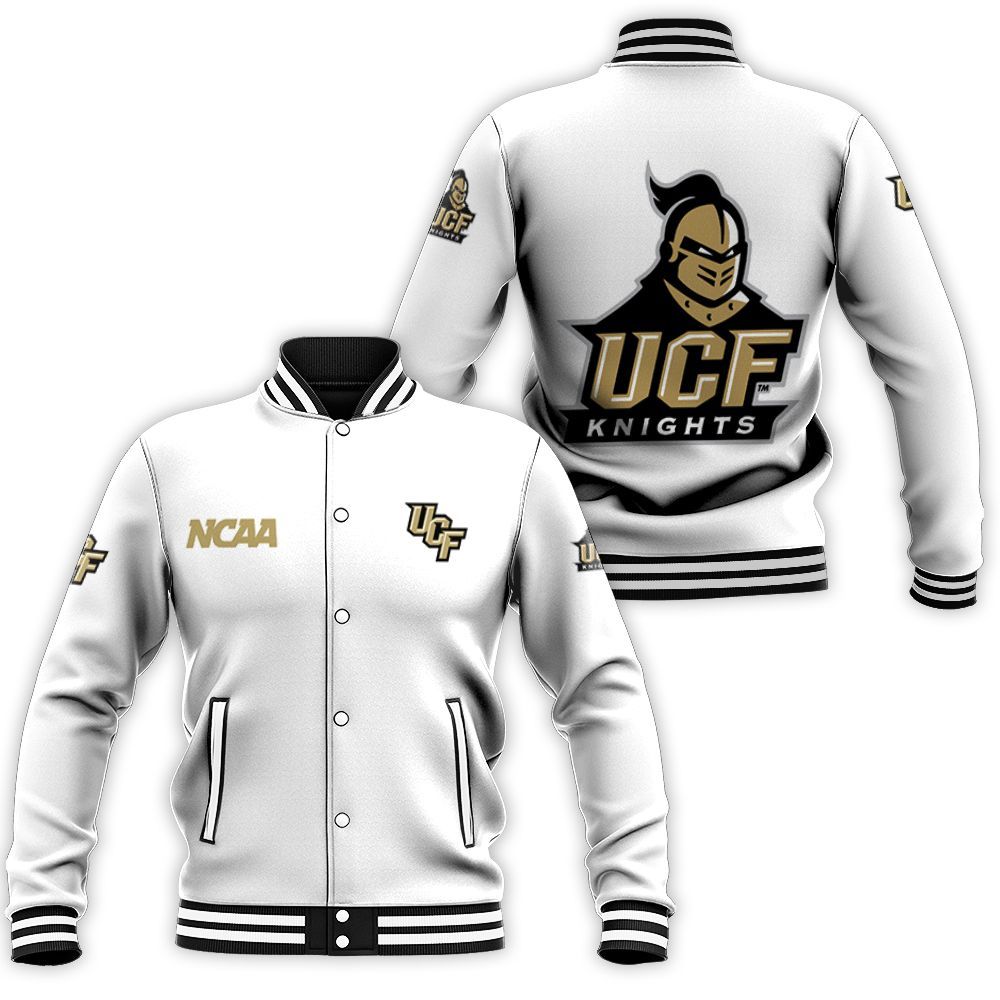 ncaa ucf knights white baseball jacket button up zipper hooded all over print wsrof