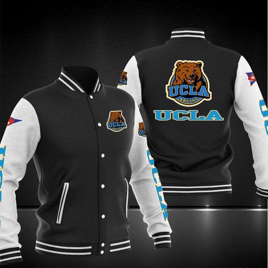 ncaa ucla bruins black baseball jacket button up zipper hooded all over print fjq6n