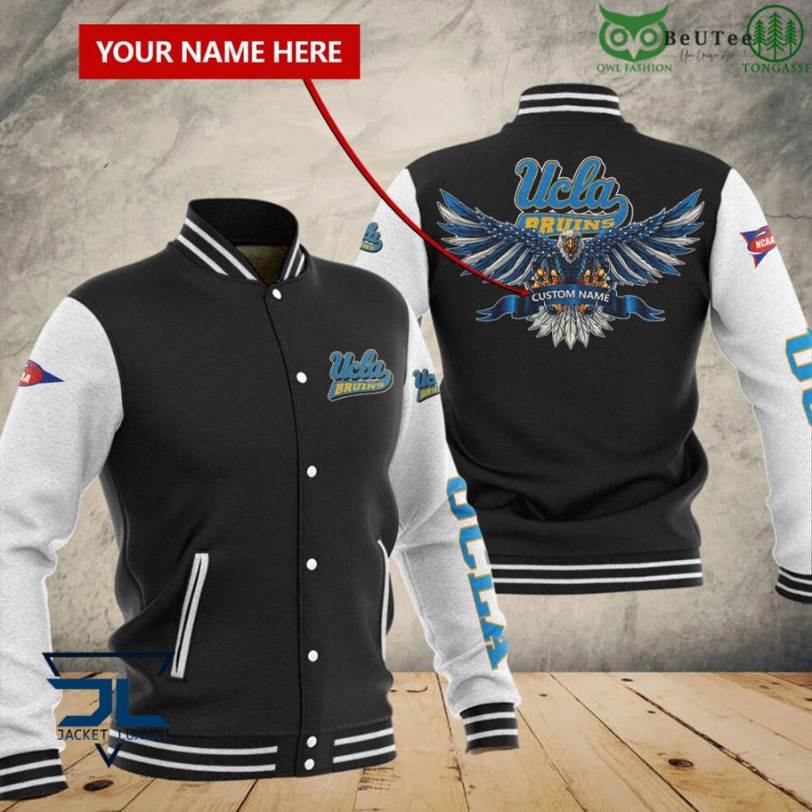 ncaa ucla bruins custom name black baseball jacket button up zipper hooded all over print 3qbra