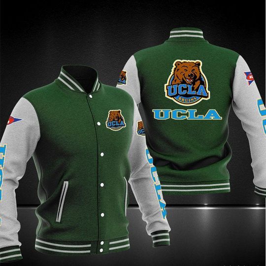 ncaa ucla bruins green baseball jacket button up zipper hooded all over print gn909