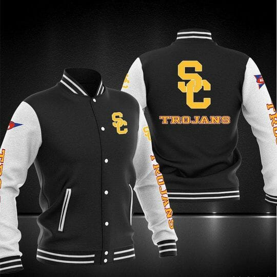 ncaa usc trojans black baseball jacket button up zipper hooded all over print ufcky