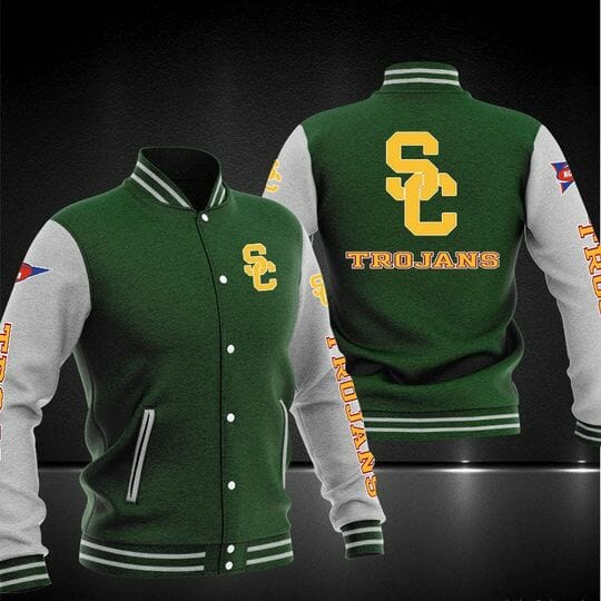 ncaa usc trojans green baseball jacket button up zipper hooded all over print l9eyd