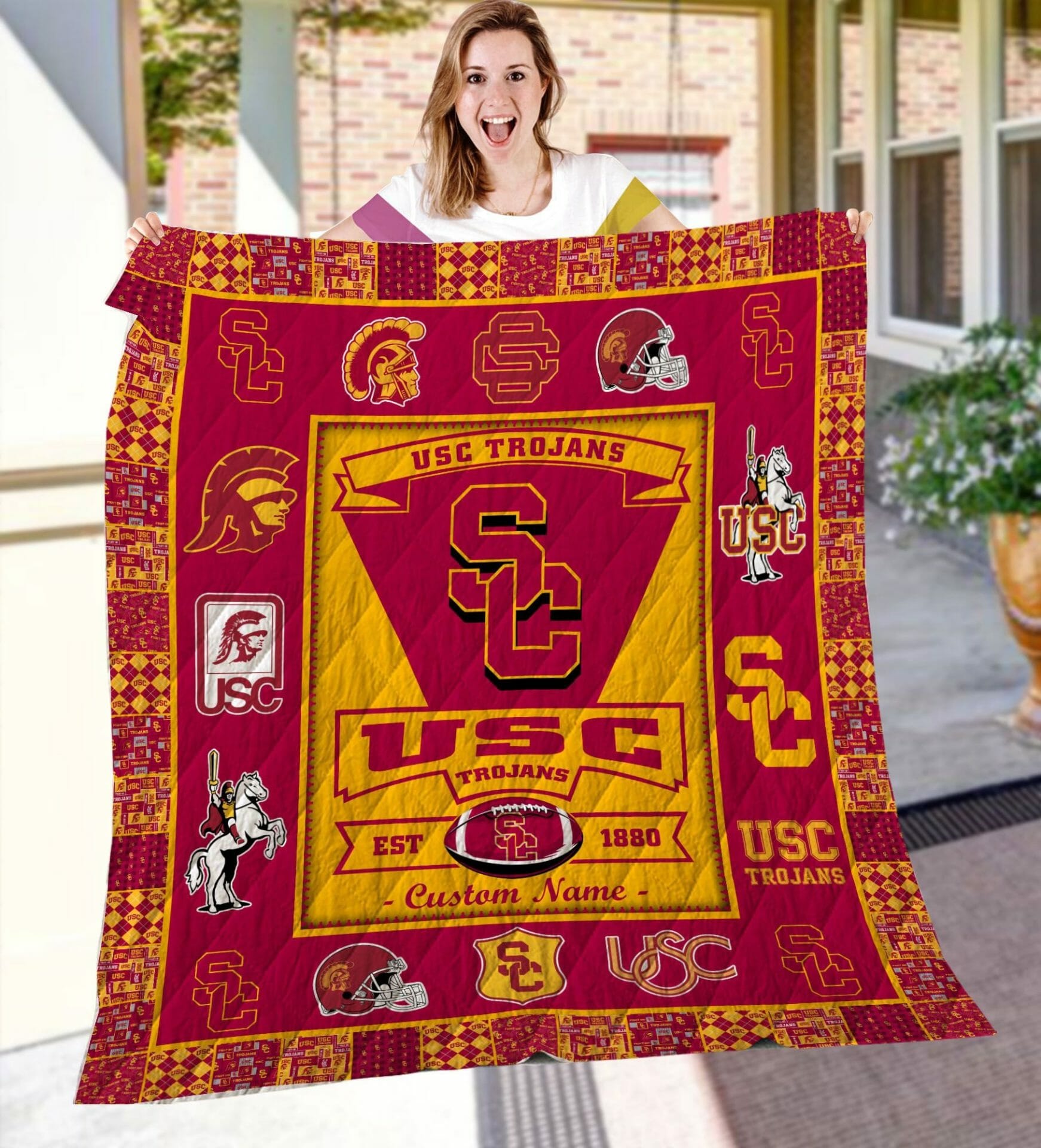 ncaa usc trojans name personalized cardinal gold quilt fleece blanket wfqf628 mvwvi