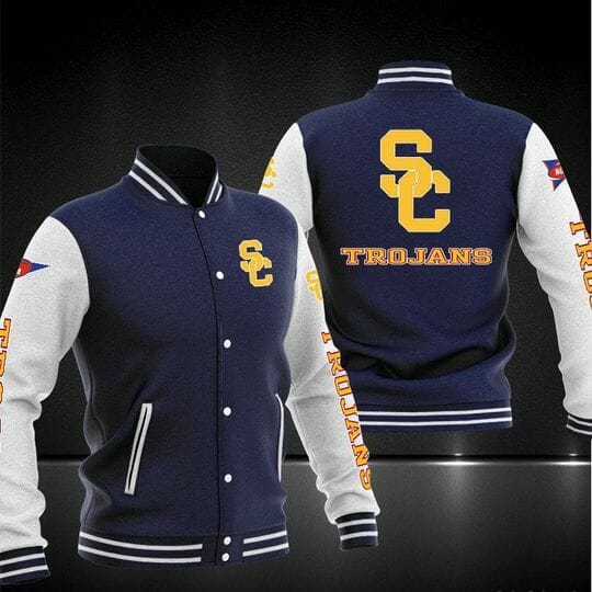 ncaa usc trojans navy blue baseball jacket button up zipper hooded all over print vi60n