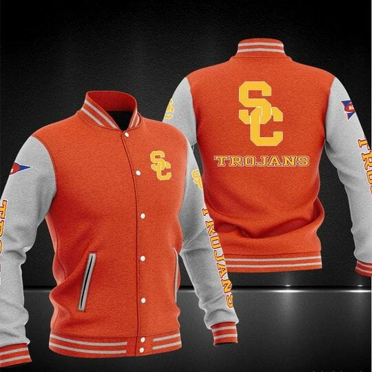 ncaa usc trojans orange baseball jacket button up zipper hooded all over print kmjqx