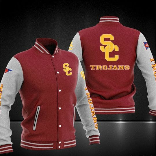 ncaa usc trojans red baseball jacket button up zipper hooded all over print orzix