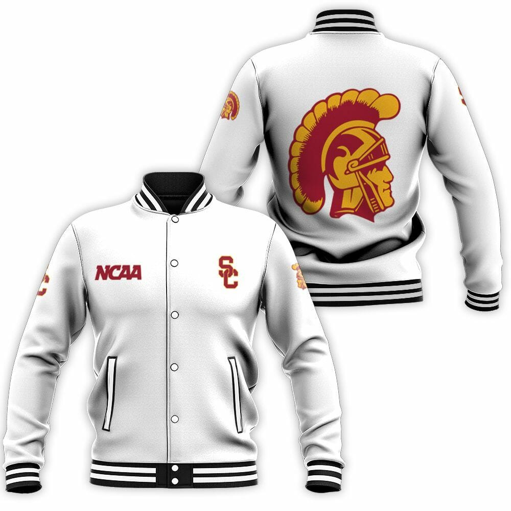 ncaa usc trojans white baseball jacket button up zipper hooded all over print xzezr