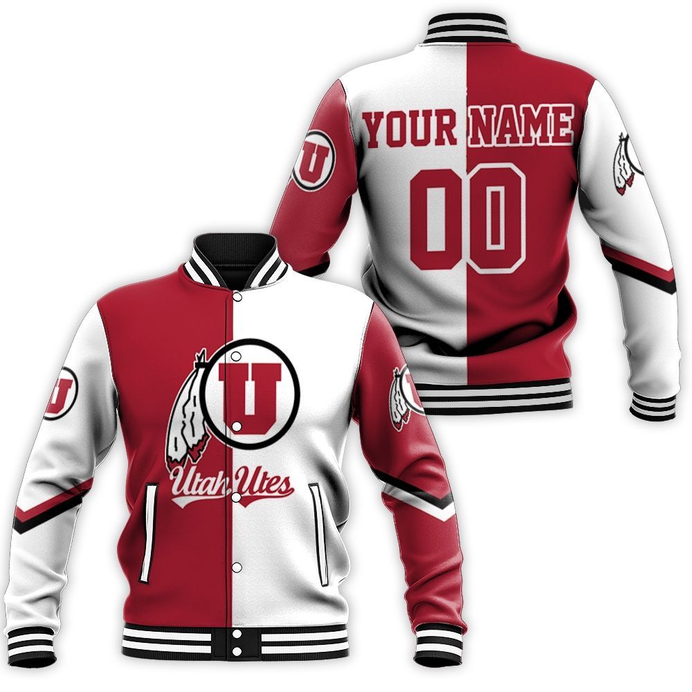 ncaa utah utes custom name number red white baseball jacket button up zipper hooded all over print omxfv