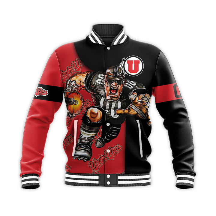 ncaa utah utes custom number red black baseball jacket button up zipper hooded all over print v3 mzlga