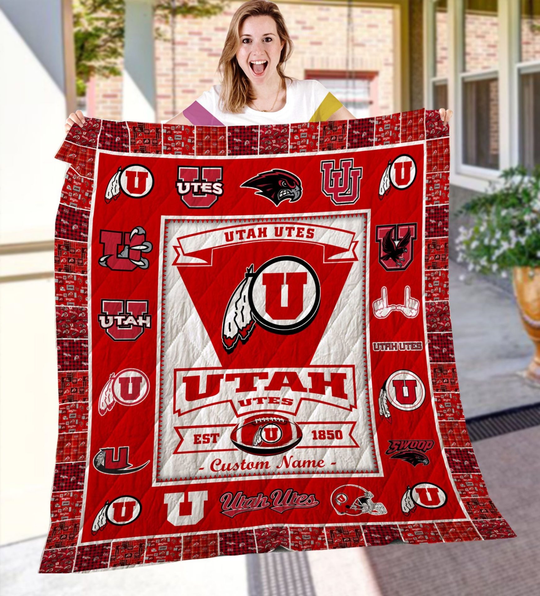 ncaa utah utes name personalized red white est 1851 quilt fleece blanket wfqf629 xc8m8