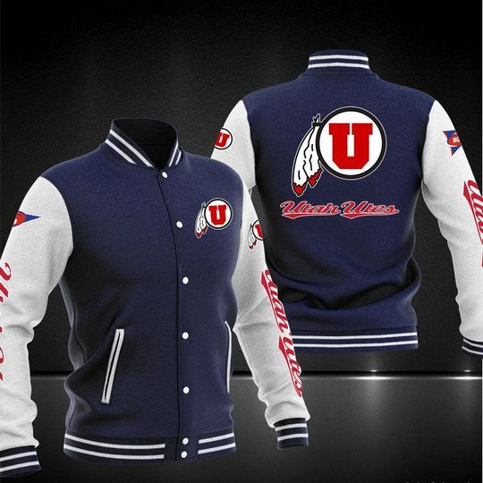 ncaa utah utes navy blue baseball jacket button up zipper hooded all over print a8kp1