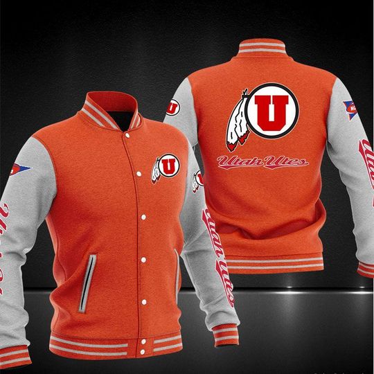 ncaa utah utes orange baseball jacket button up zipper hooded all over print a31wg