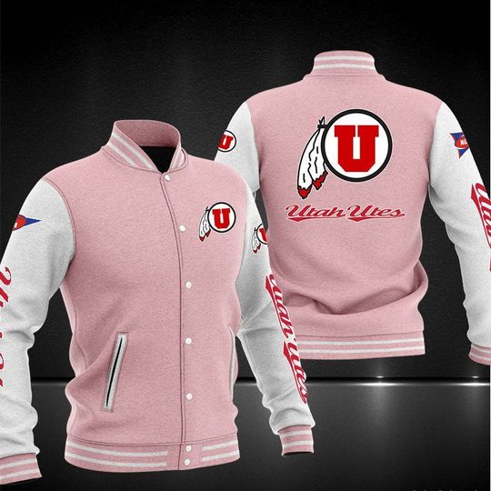 ncaa utah utes pink baseball jacket button up zipper hooded all over print b8isi