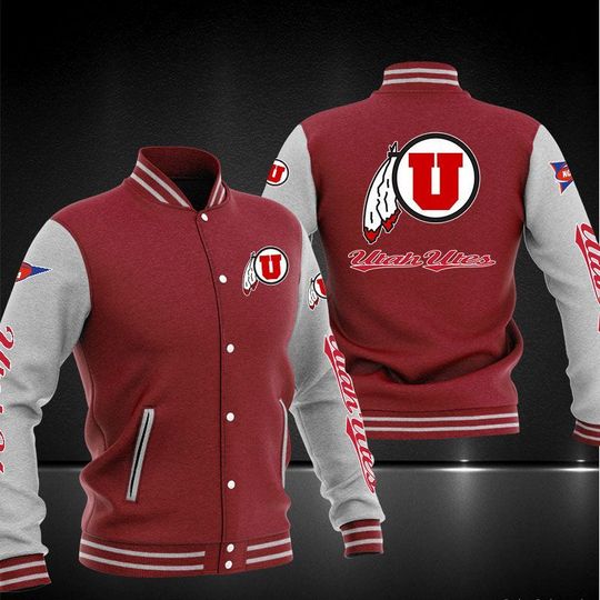 ncaa utah utes red baseball jacket button up zipper hooded all over print btknk