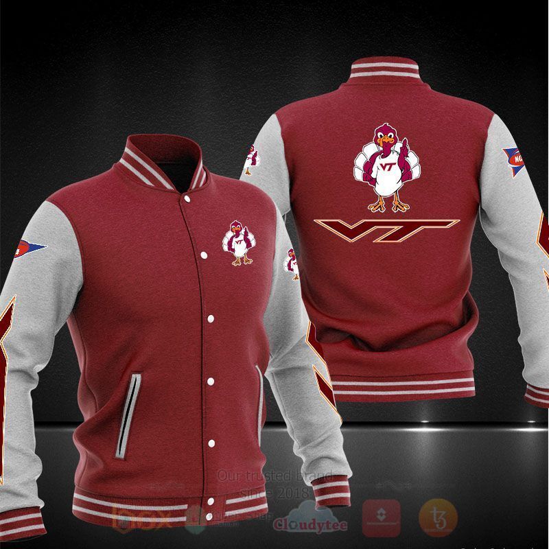 ncaa virginia tech hokies red grey baseball jacket button up zipper hooded all over print vgzgg