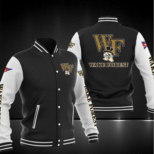 ncaa wake forest demon deacons black white baseball jacket button up zipper hooded all over print uqqwf