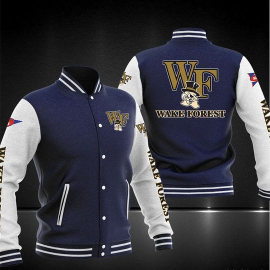 ncaa wake forest demon deacons dark blue white baseball jacket button up zipper hooded all over print 4i8hk