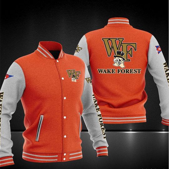 ncaa wake forest demon deacons orange white baseball jacket button up zipper hooded all over print towr6