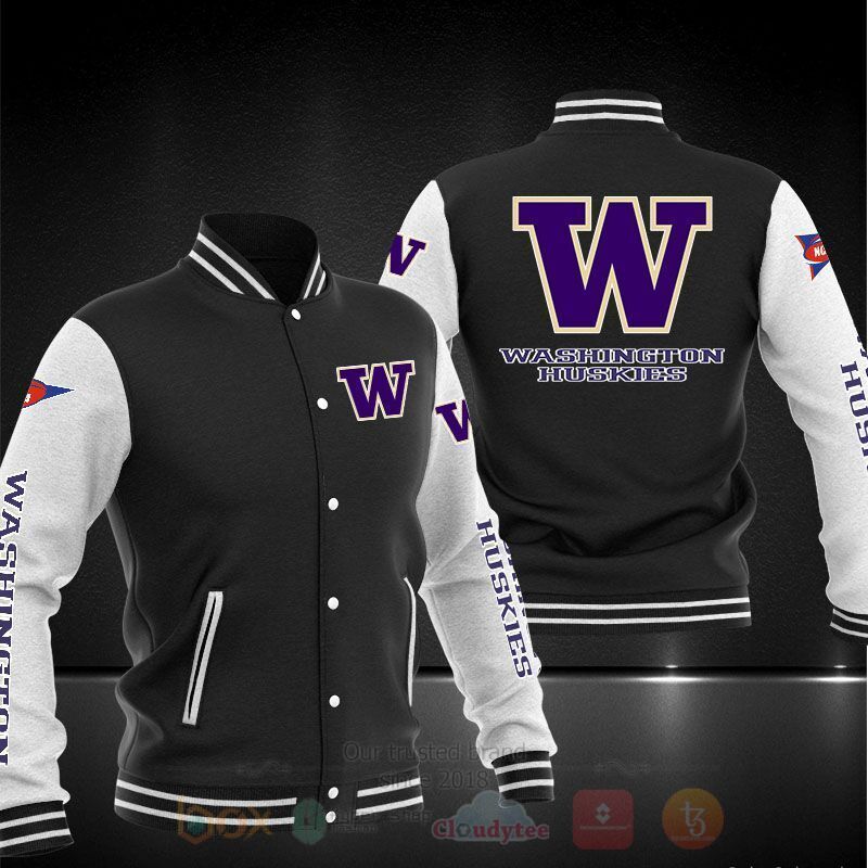 ncaa washington huskies black baseball jacket button up zipper hooded all over print ekwn0