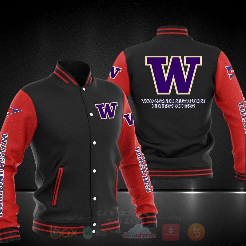 ncaa washington huskies black red baseball jacket button up zipper hooded all over print routj