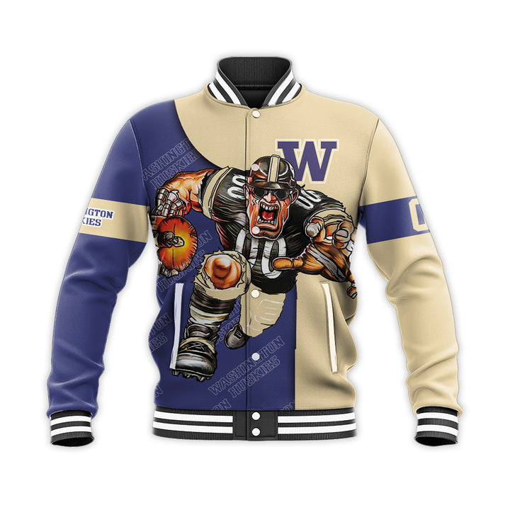 ncaa washington huskies custom number purple gold baseball jacket button up zipper hooded all over print zviui