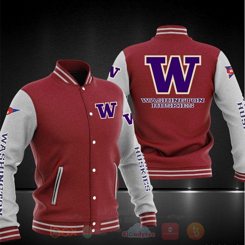 ncaa washington huskies red grey baseball jacket button up zipper hooded all over print xoaiz