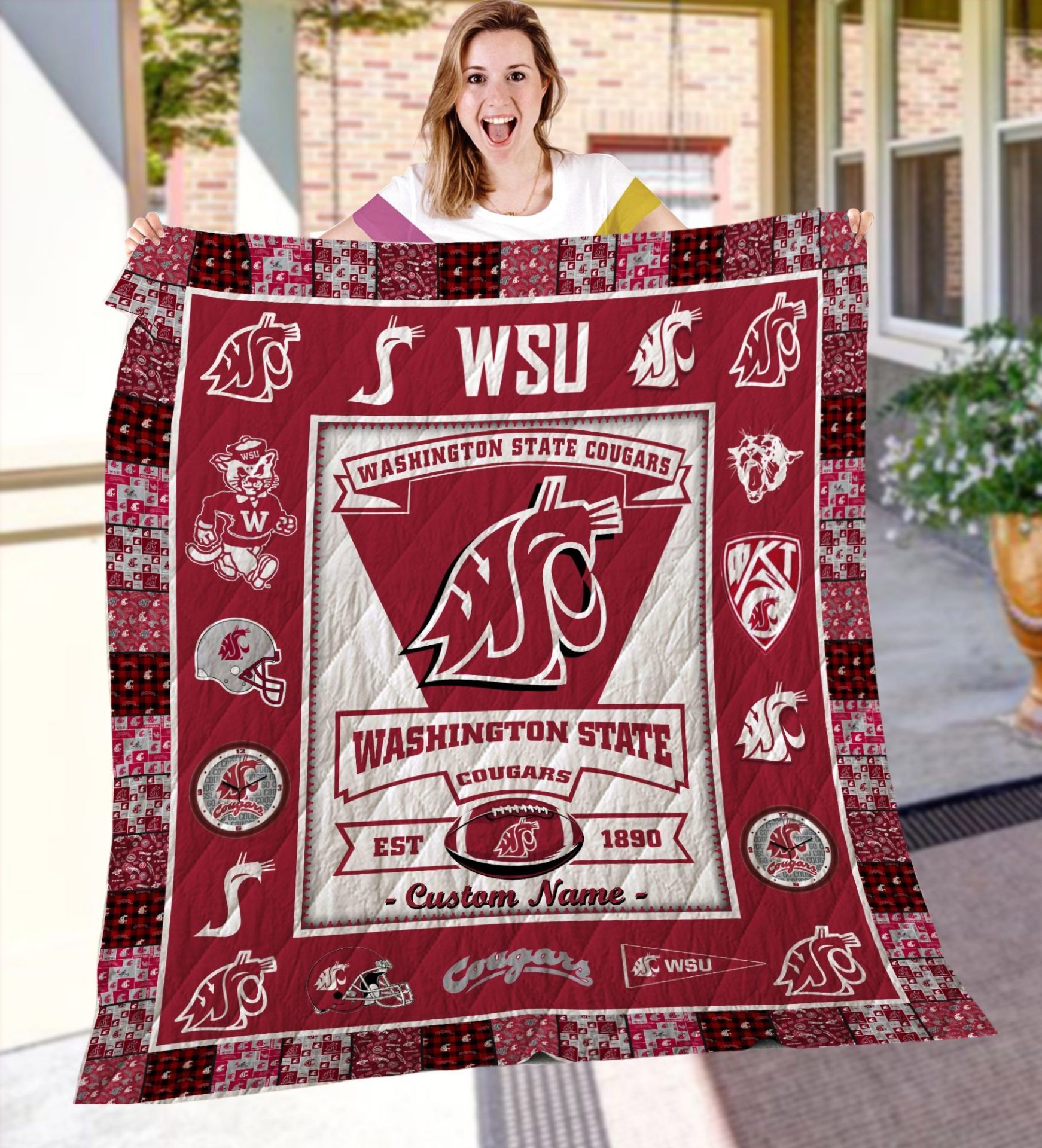 ncaa washington state cougars name personalized red white logo history quilt fleece blanket wfqf671 yxsj4