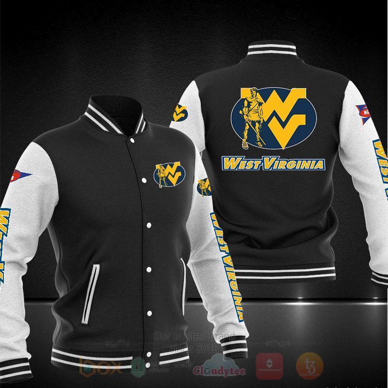 ncaa west virginia mountaineers black baseball jacket button up zipper hooded all over print 0sgb6