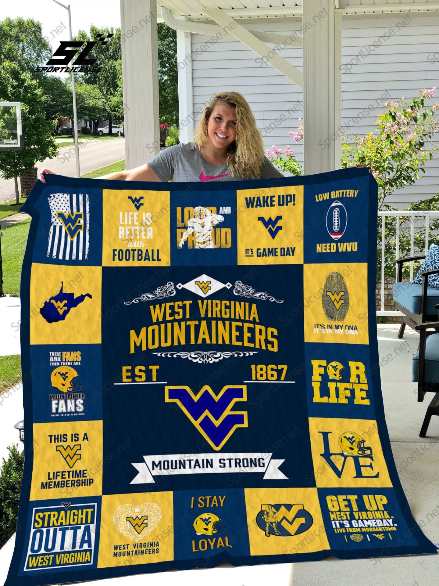 ncaa west virginia mountaineers blue gold quilt fleece blanket v2 wfqf677 gkaes