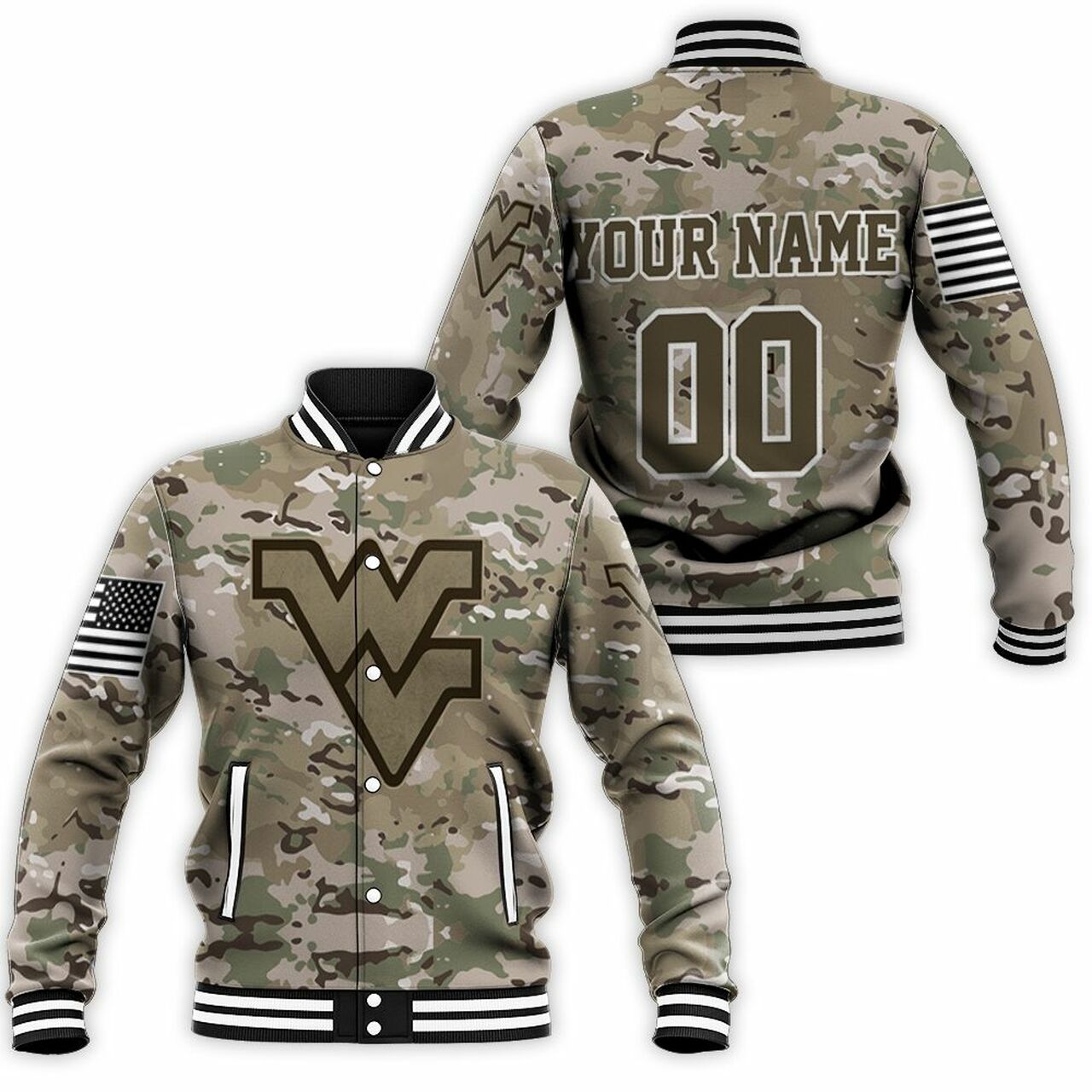 ncaa west virginia mountaineers camo custom name number baseball jacket button up zipper hooded all over print 2buy6