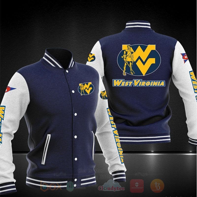 ncaa west virginia mountaineers navy blue baseball jacket button up zipper hooded all over print 7k2cl