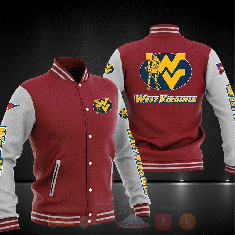 ncaa west virginia mountaineers red grey baseball jacket button up zipper hooded all over print edudc