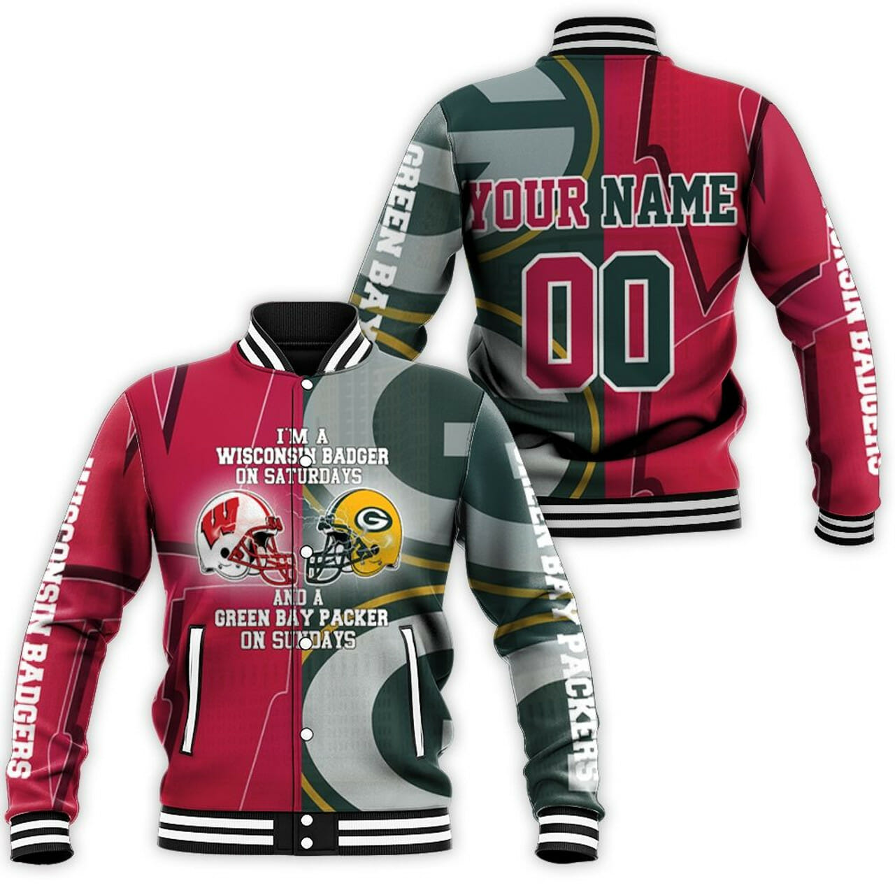 ncaa wisconsin badgers and green bay packer custom name number baseball jacket button up zipper hooded all over print f9tzz