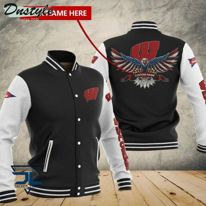 ncaa wisconsin badgers custom name black baseball jacket button up zipper hooded all over print z7qtu