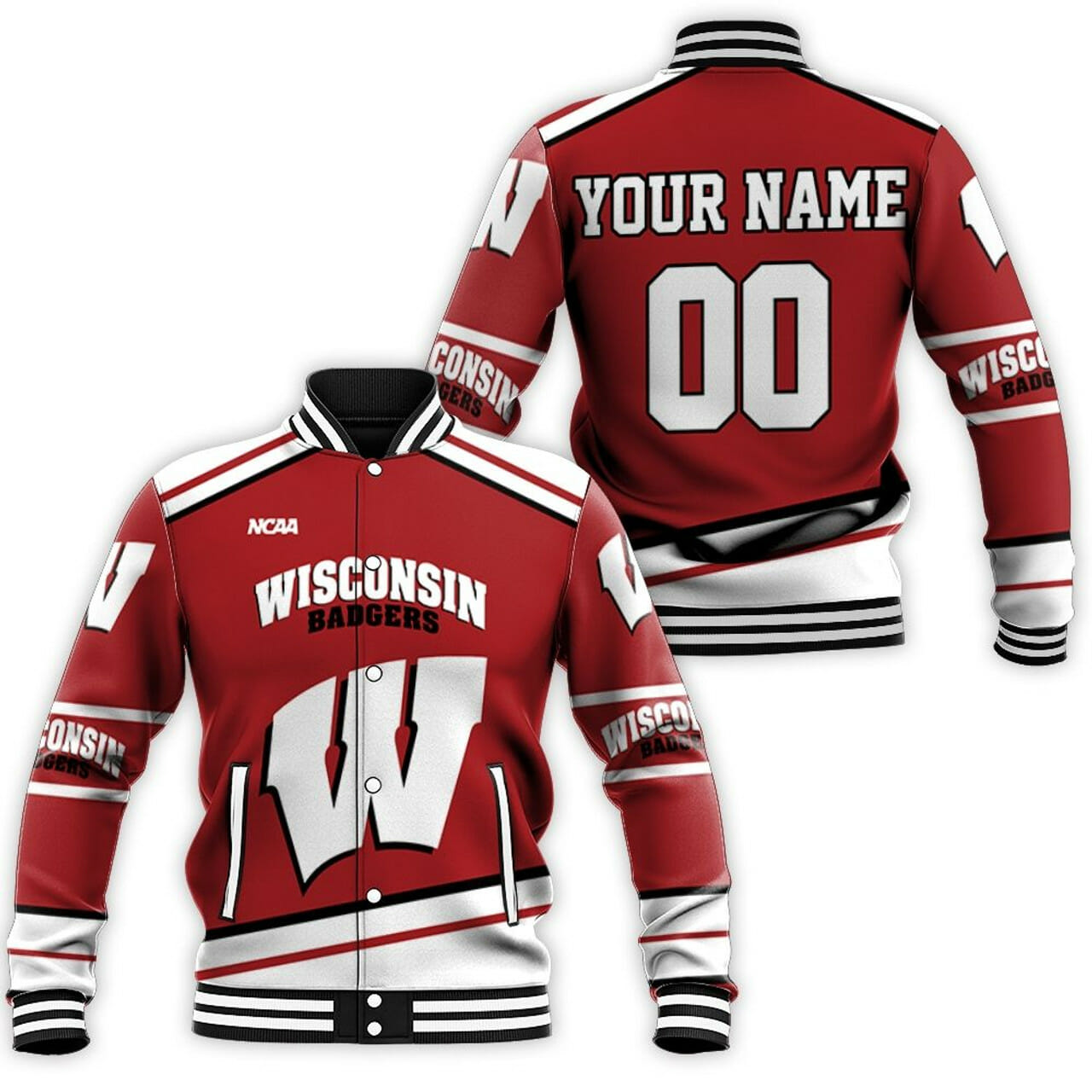 ncaa wisconsin badgers custom name number red white baseball jacket button up zipper hooded all over print qy4pw