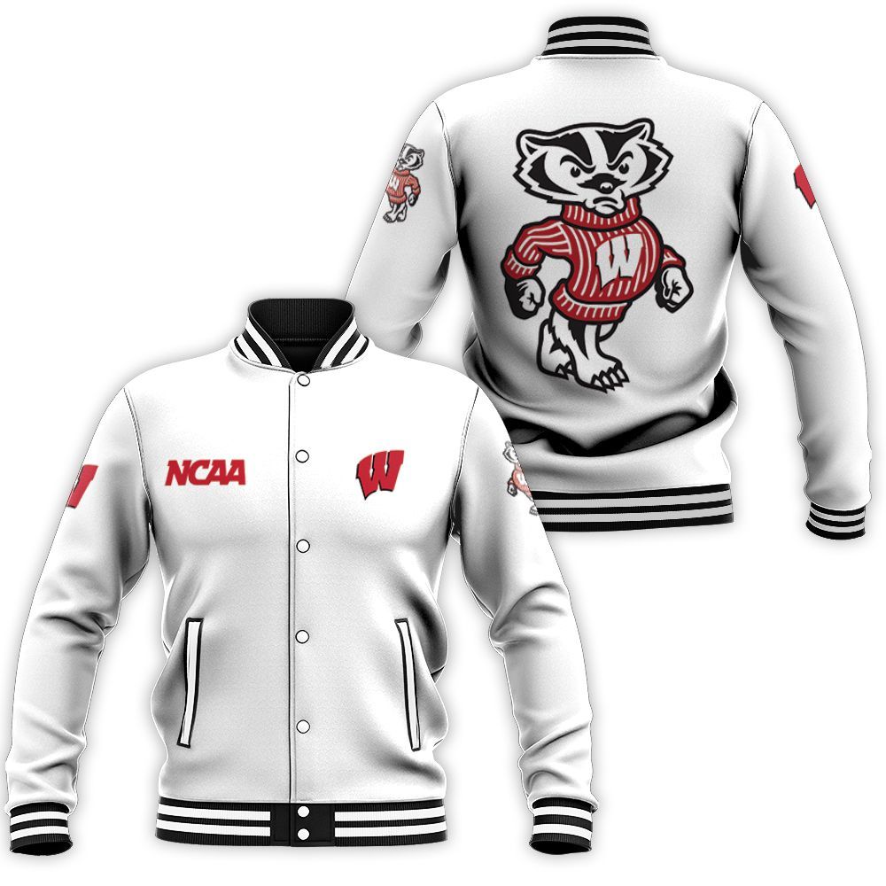 ncaa wisconsin badgers mascot logo white baseball jacket button up zipper hooded all over print on6iq