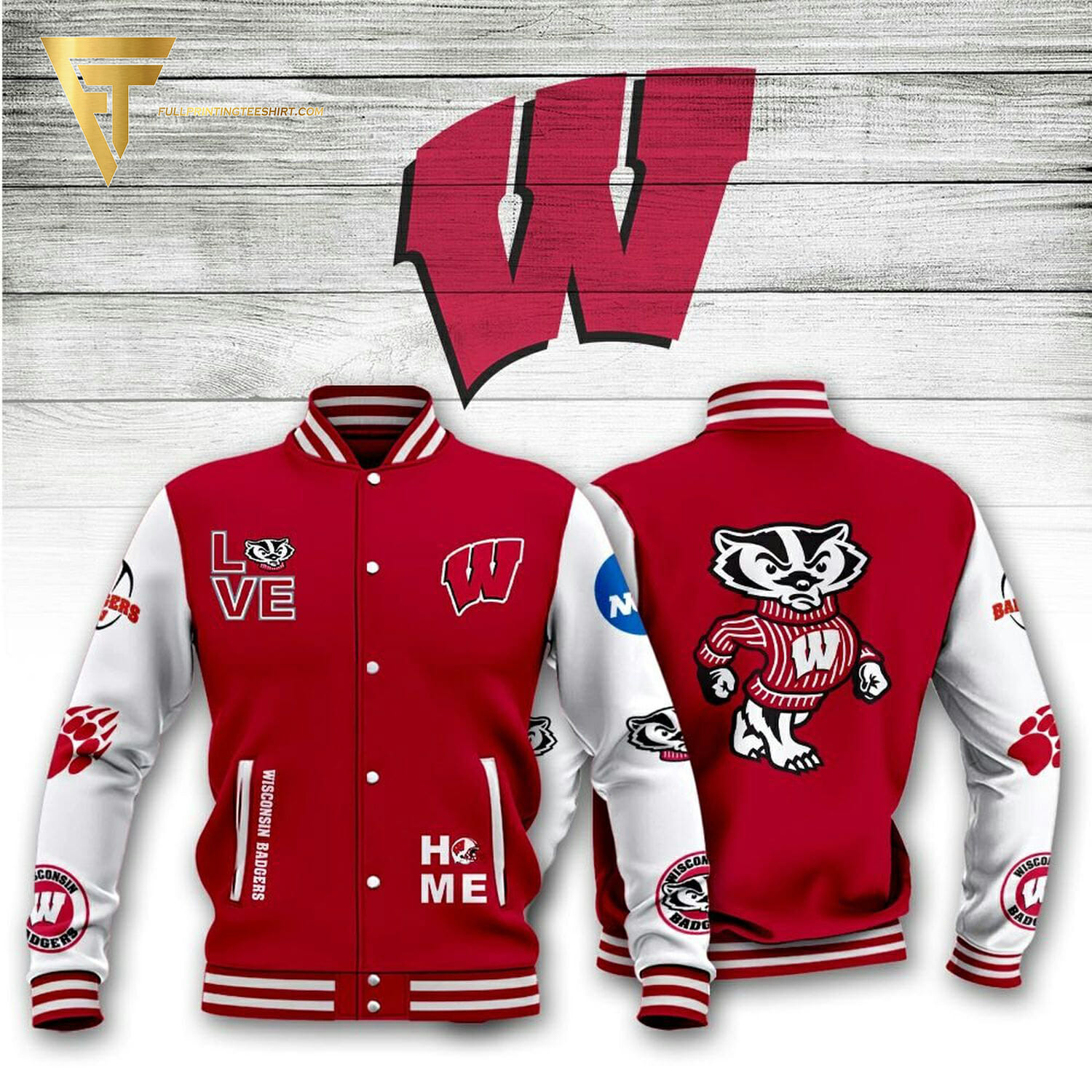 ncaa wisconsin badgers red baseball jacket button up zipper hooded all over print q8heq