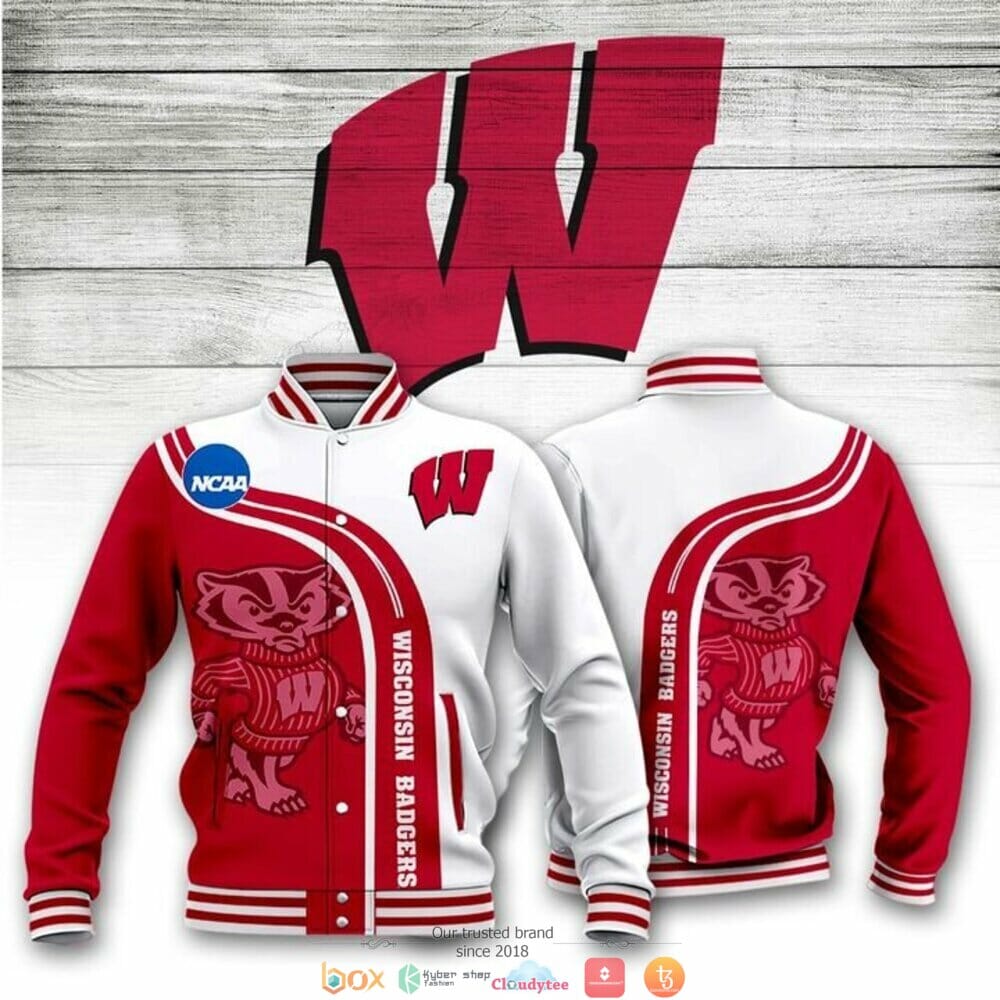 ncaa wisconsin badgers red white baseball jacket button up zipper hooded all over print tombg