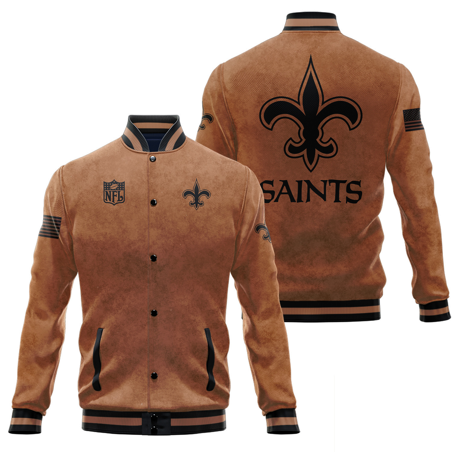 new orleans saints 2023 salute to service club baseball jacket baseball varsity jacket baseball jacket all over print brown dptvv