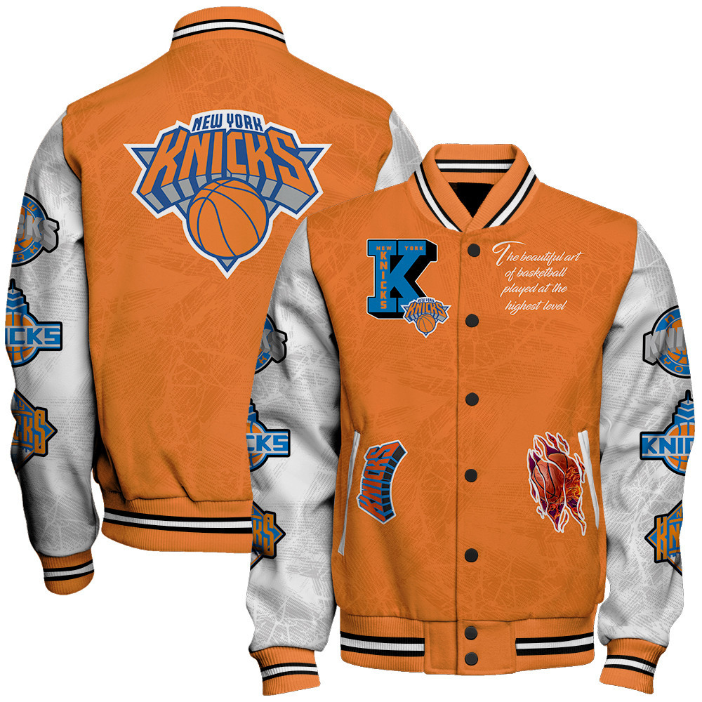 new york knicks team logo sport pattern baseball varsity jacket baseball jacket all over print umntw