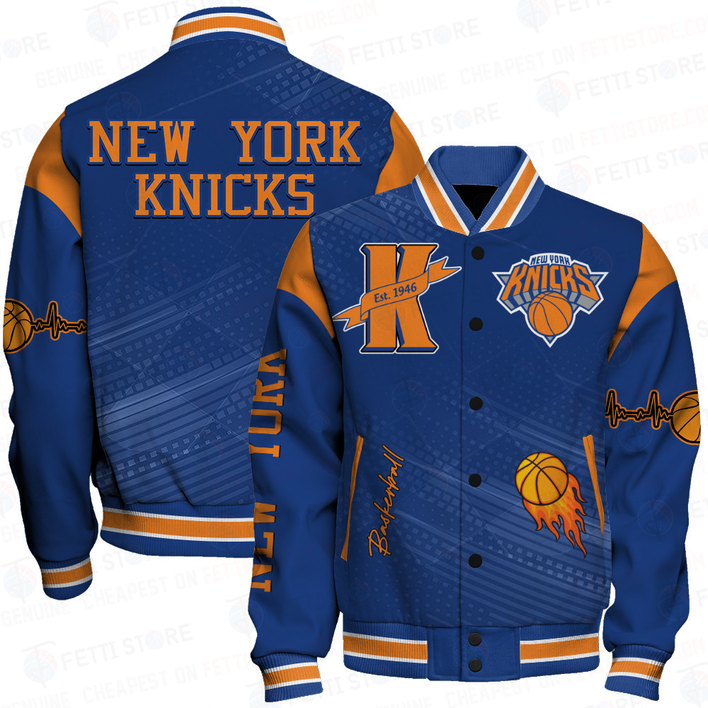 new york knicks team logo sport pattern basketball baseball varsity jacket baseball jacket all over print kmaeu