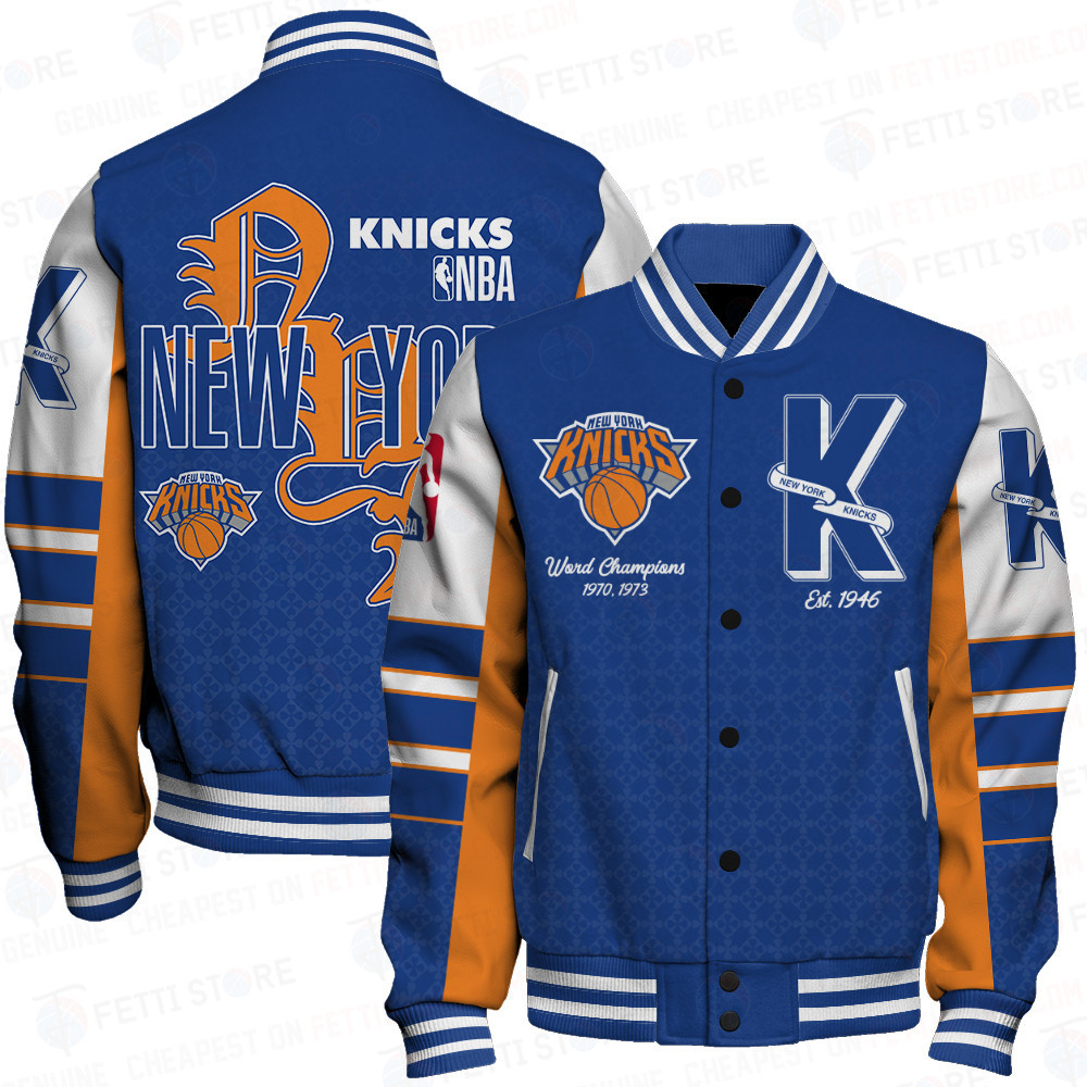 new york knicks team logo sport pattern retro baseball varsity jacket baseball jacket all over print gvm8c