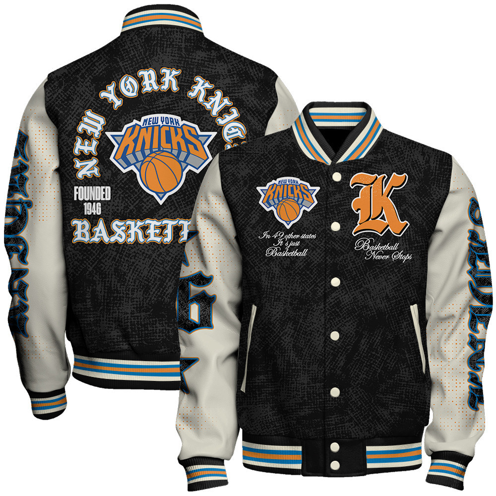 new york knicks team logo sport pattern style baseball varsity jacket baseball jacket all over print eo1sg