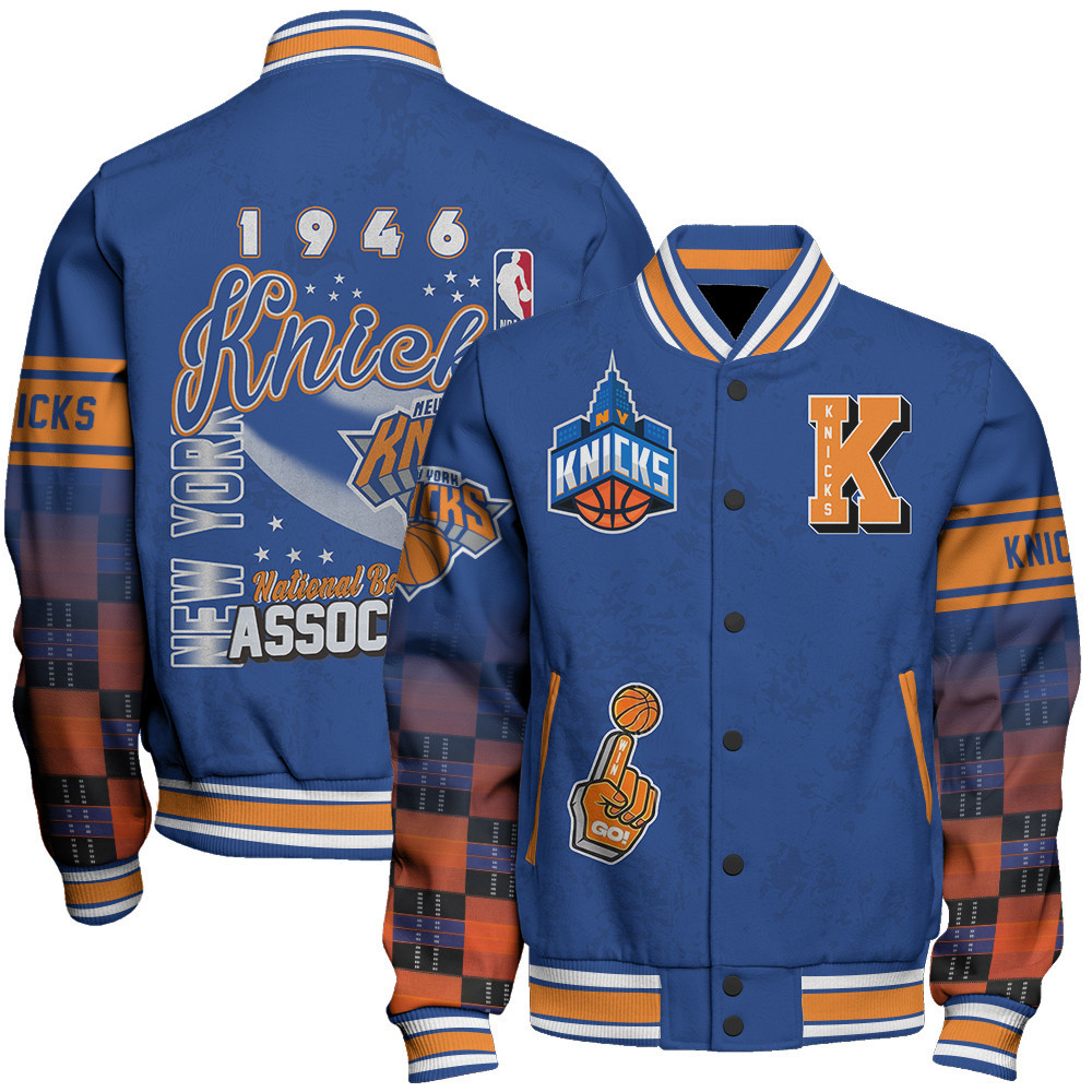 new york knicks team logo sport pattern vintage baseball varsity jacket baseball jacket all over print yraxk