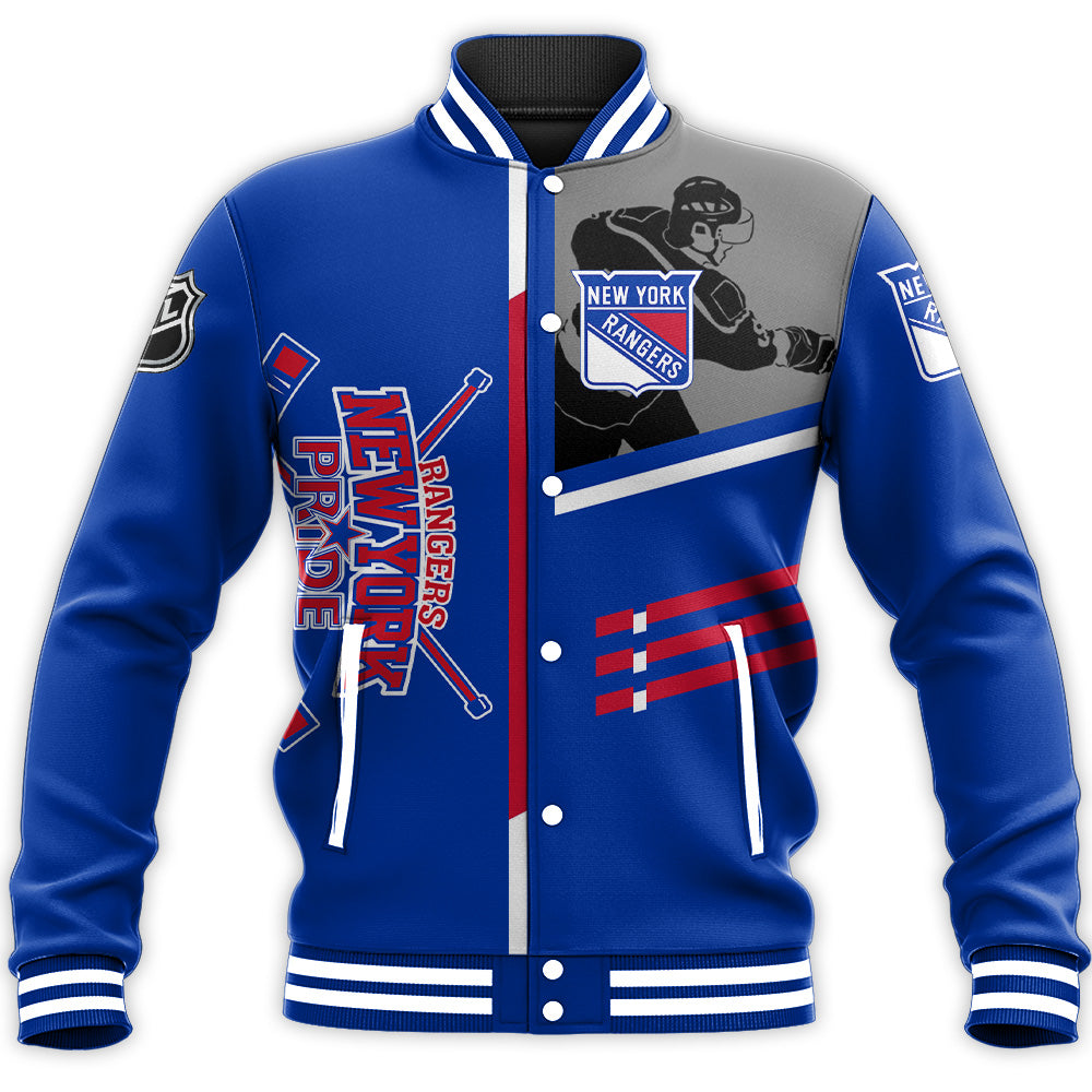 new york rangers baseball jacket button up zipper hooded all over print personalized hockey for fan nhl jpy9c