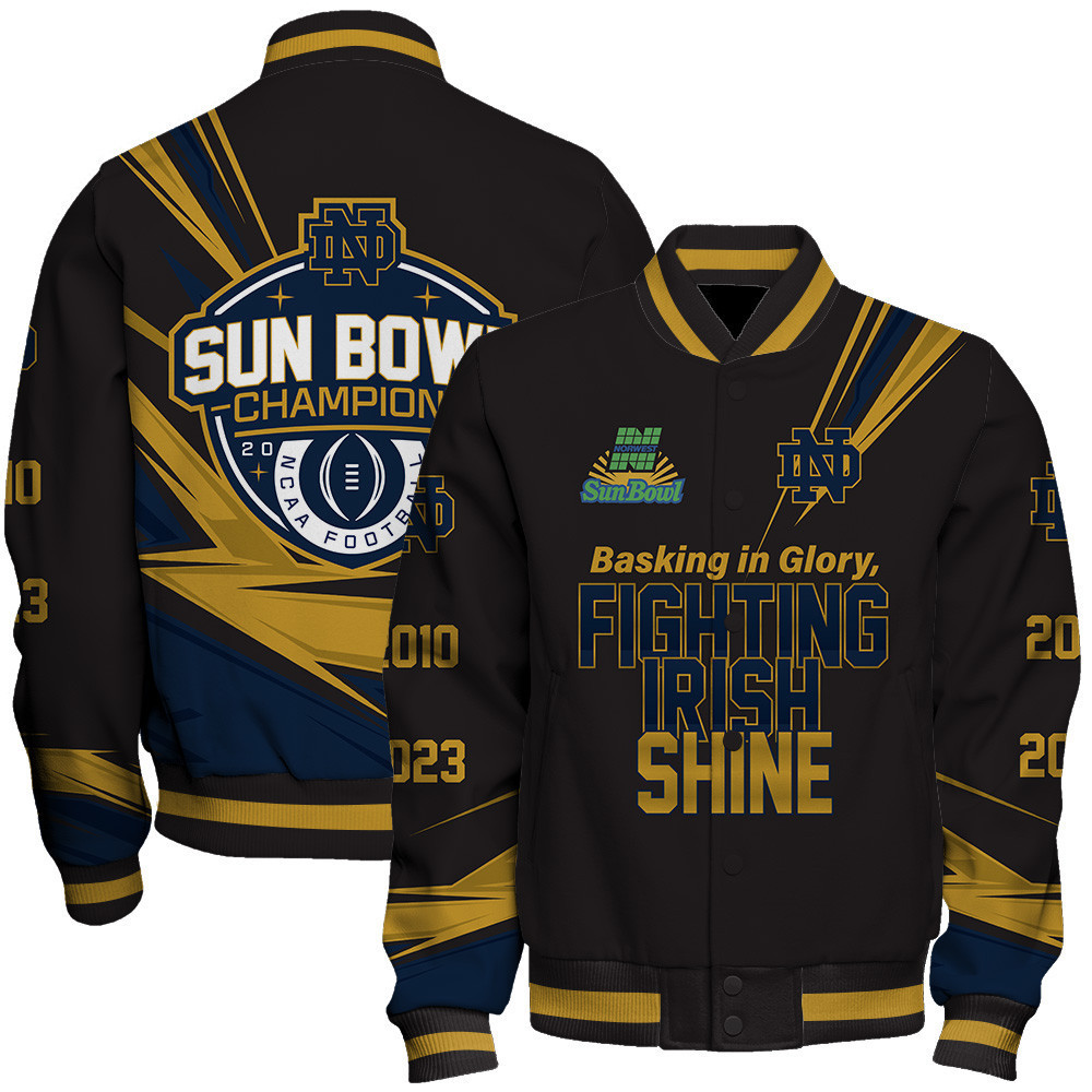 notre dame fighting irish ncaa 2023 sun bowl fighting irish shine print baseball varsity jacket baseball jacket all over print ofe9p