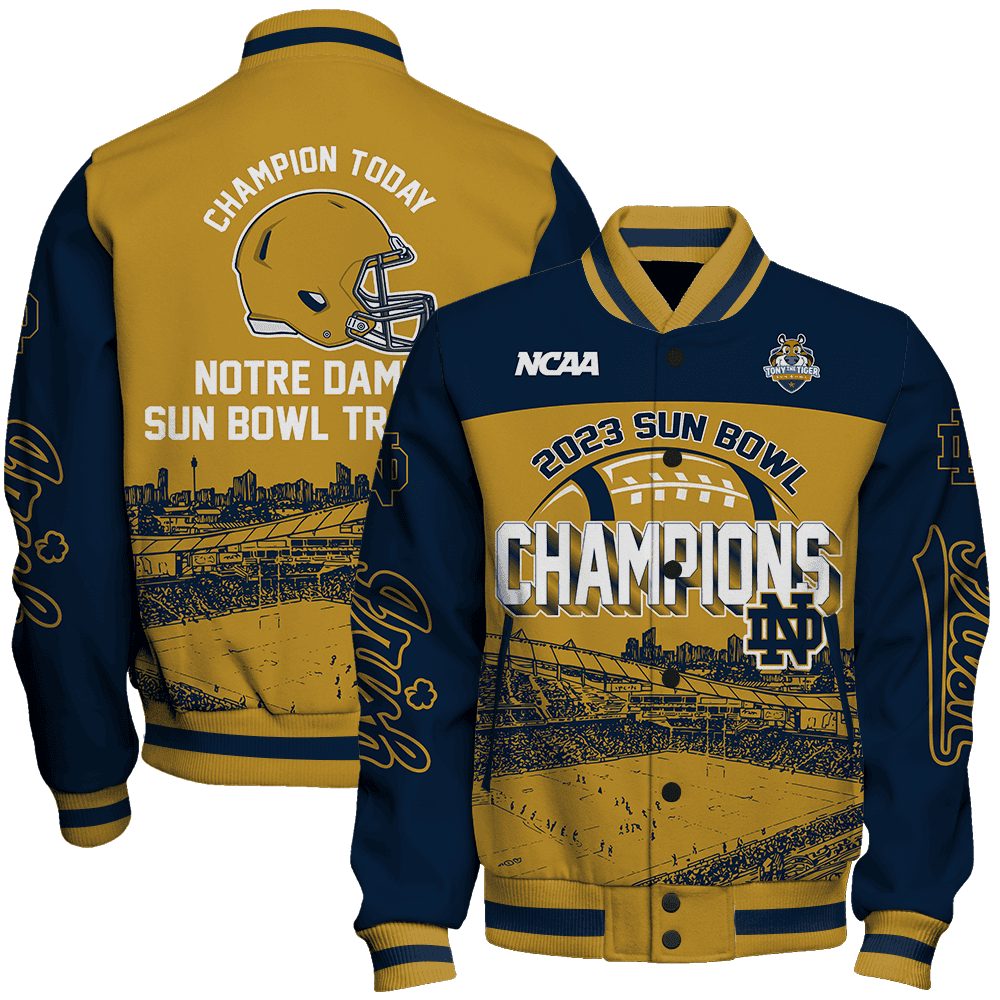 notre dame fighting irish ncaa champion today sun bowl baseball varsity jacket baseball jacket all over print rmfps